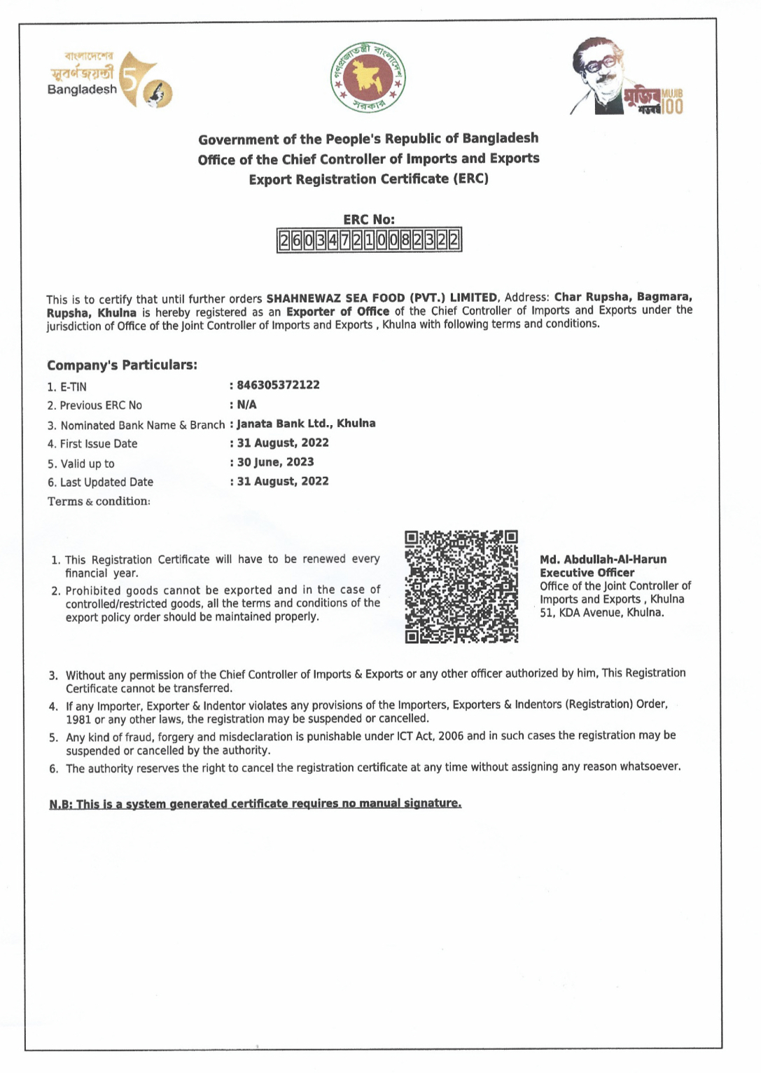 EXPORT REGISTRATION CERTIFICATE